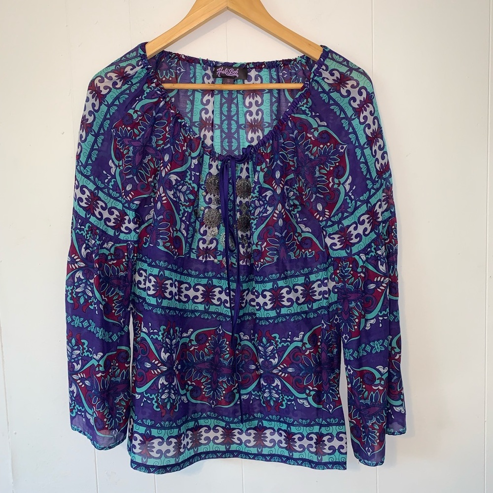 Hale Bob Silk Blend tie neck neck embellished Bell sleeve top size Small